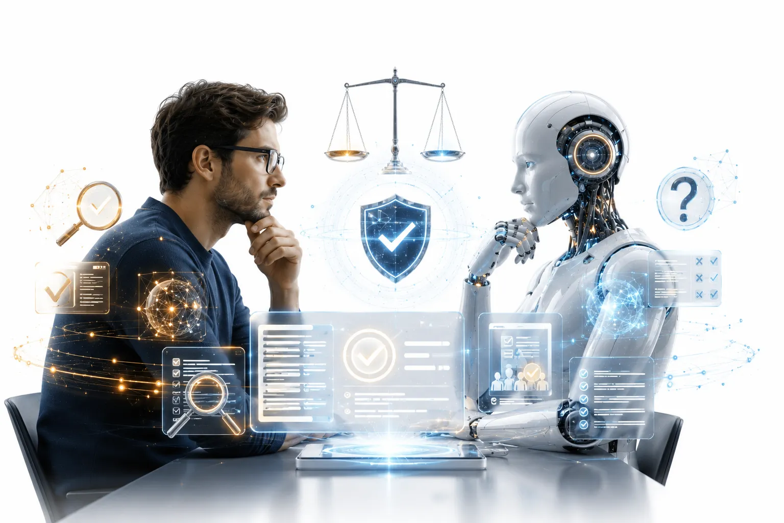 Robot hand holding a document with a red 'FAKE' stamp overlaying it, scale of justice in background tipping away from AI