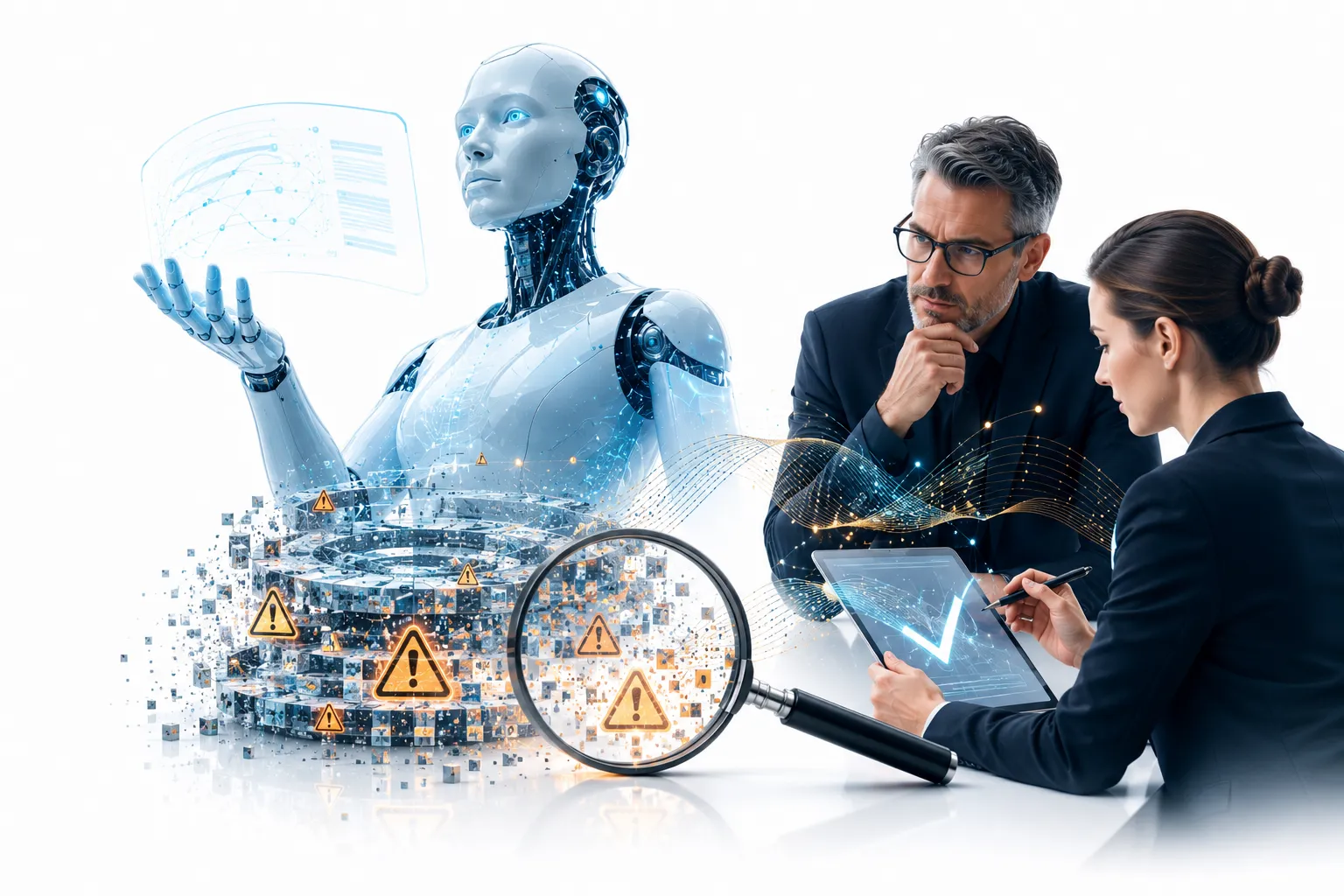 AI chatbot with red 'WRONG' stamp over conversation bubble, question marks around