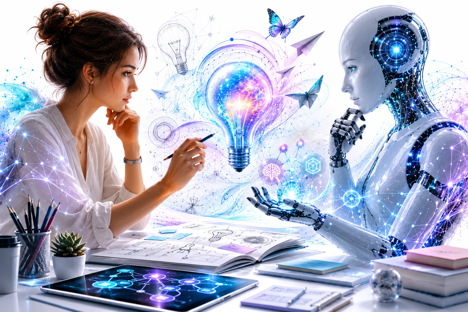 Human brain with lightbulb (creativity) and magnifying glass (critical thinking) vs AI circuit brain with question marks
