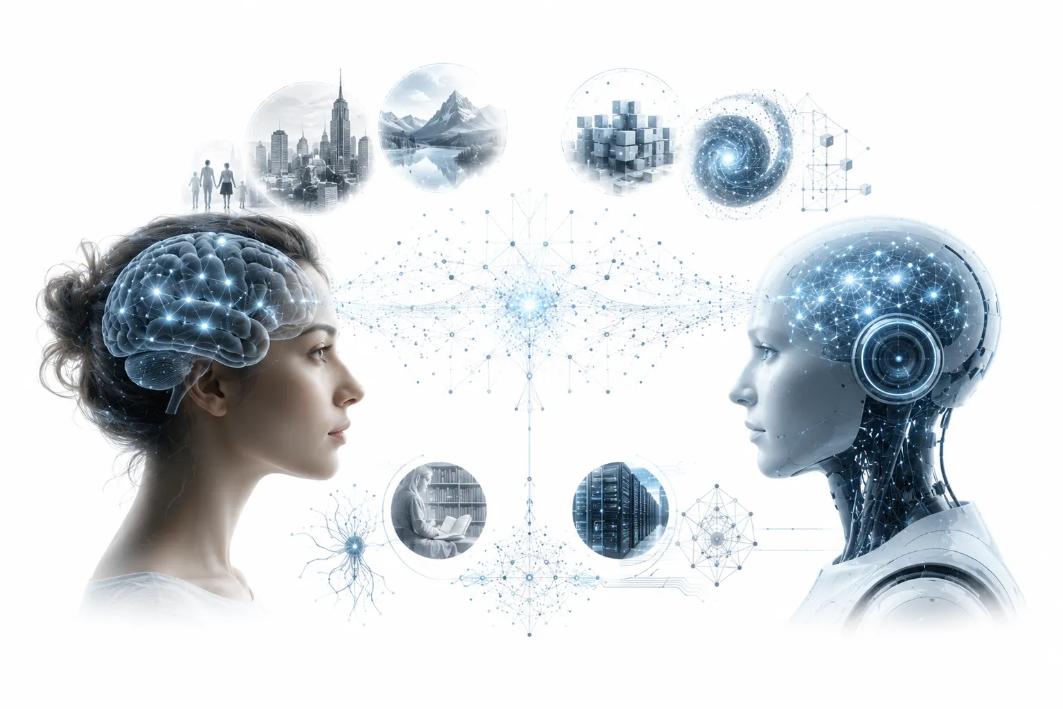 Human brain silhouette with glowing neurons vs AI circuit brain with question mark