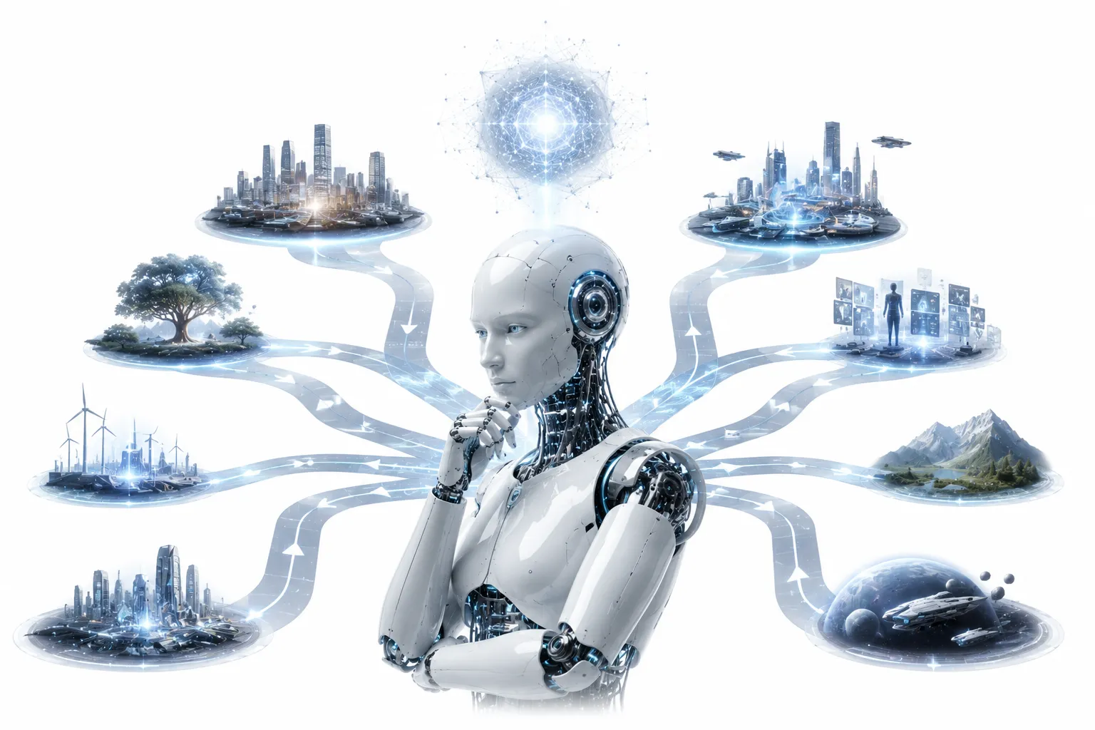 Robot looking in mirror, seeing question mark instead of reflection, representing lack of self-awareness