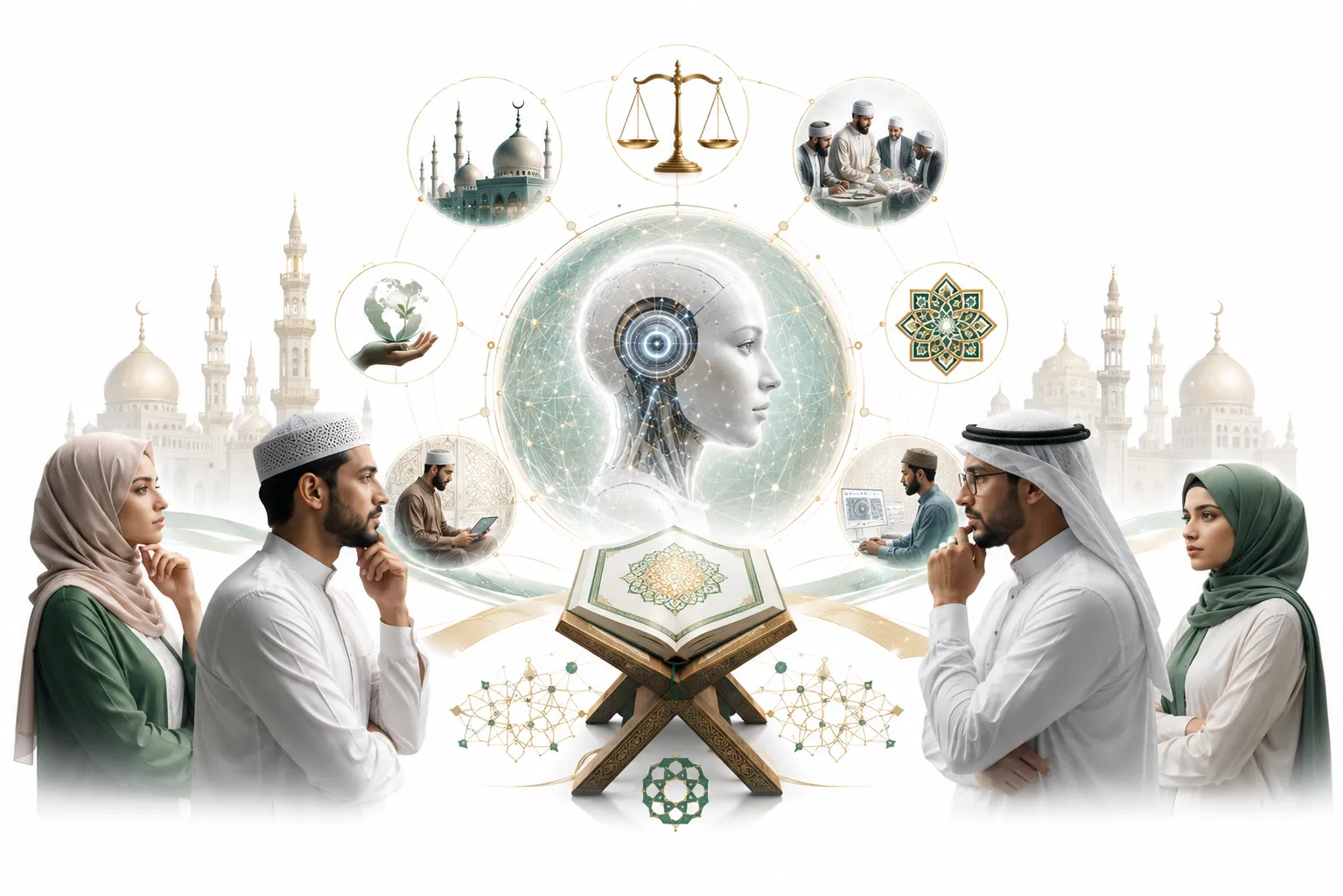 Diverse Muslims from different backgrounds—scholar, engineer, student, family—each with thought bubbles showing different perspectives on AI