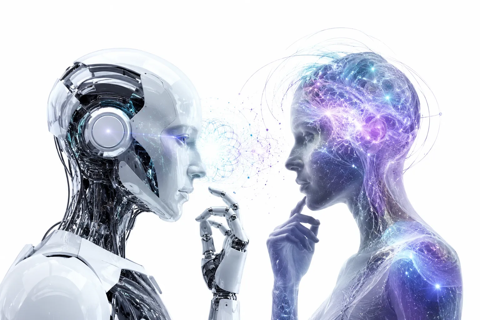 Human brain silhouette with glowing consciousness, AI circuit brain dark and empty