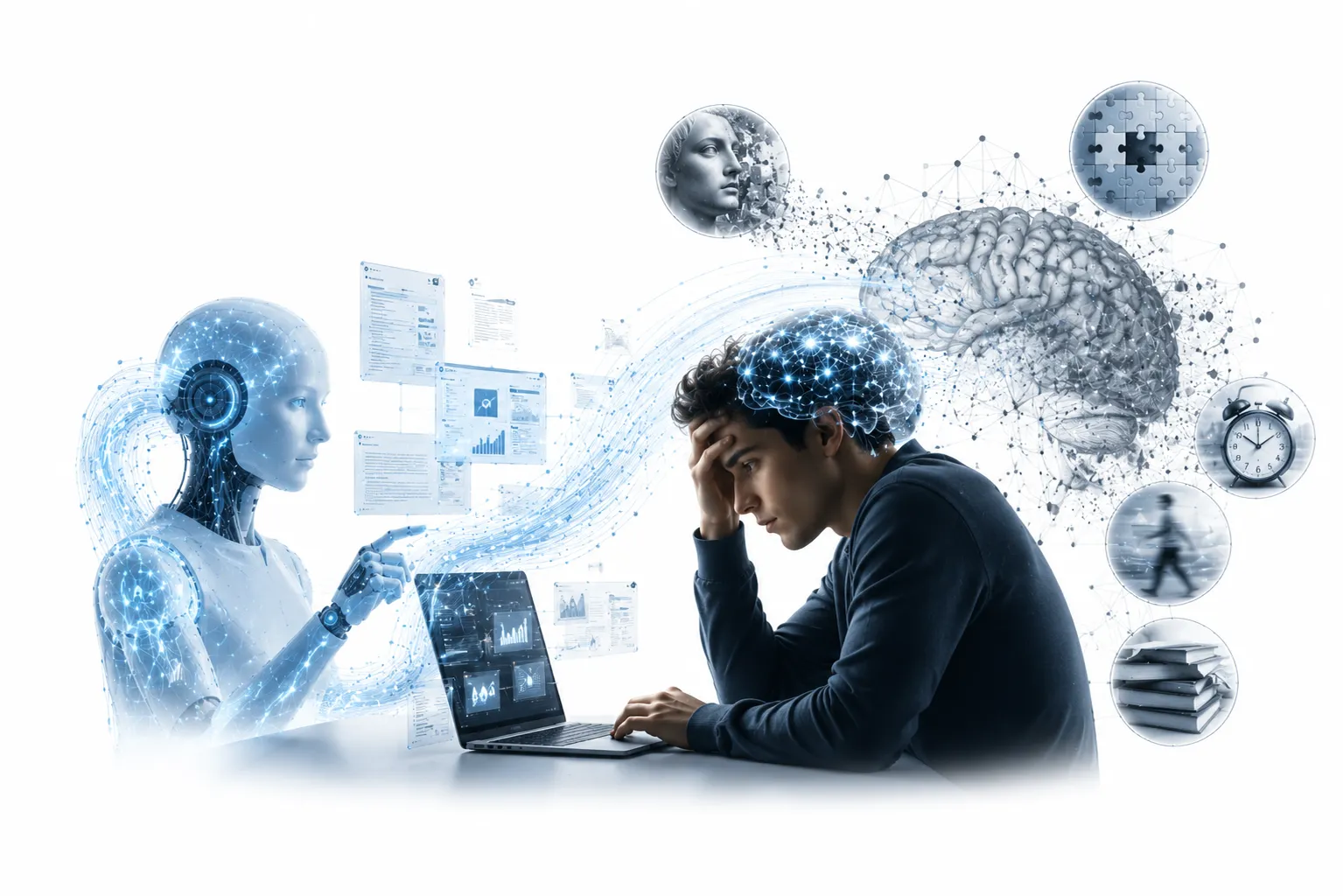 Human brain silhouette with AI chatbot bubbles emerging from it, some brain regions fading to gray