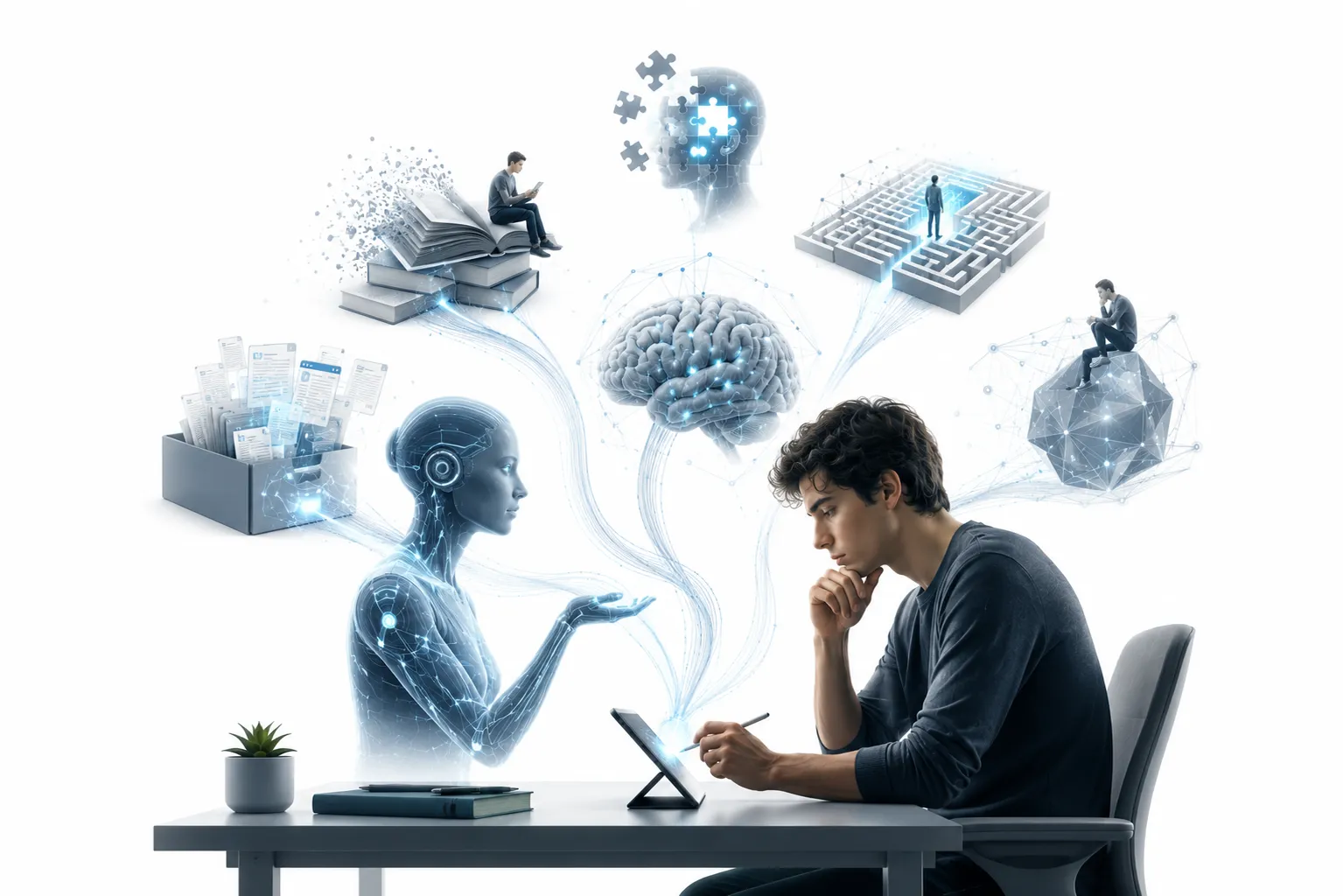 Human brain with fading sections, AI chat bubbles emerging, brain regions turning gray