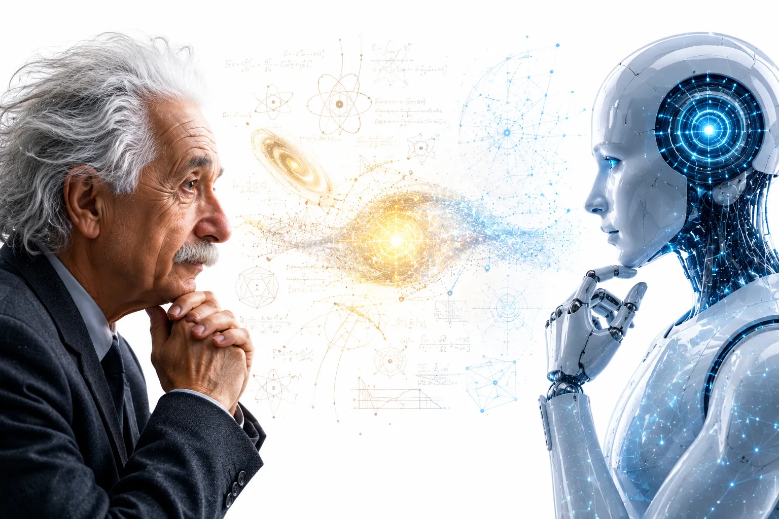 Split image: Einstein's portrait on one side, AI brain circuit on other, question mark between them