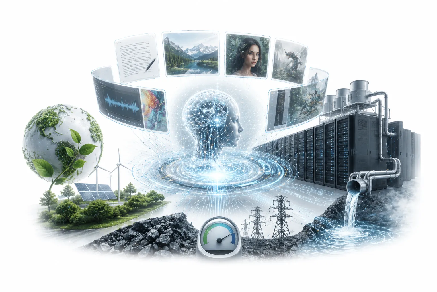 ChatGPT interface on laptop with steam rising from screen, water drops, and CO2 emissions icon