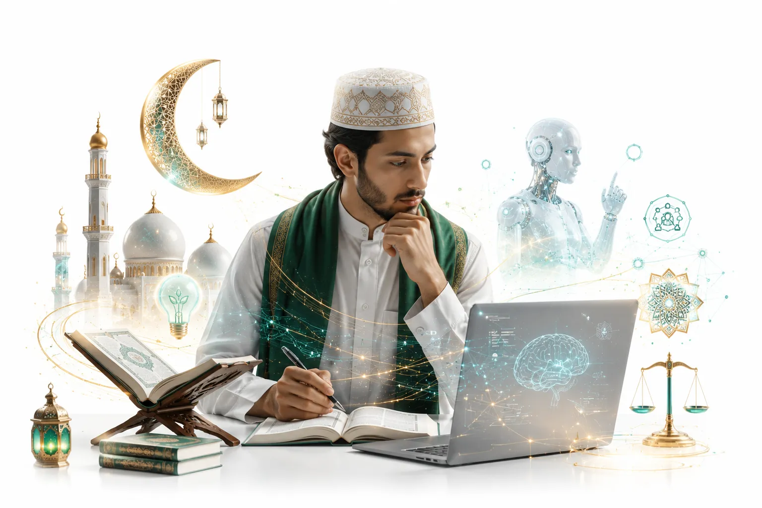 Mosque dome with AI circuit patterns blending into Islamic geometric art, student studying at computer