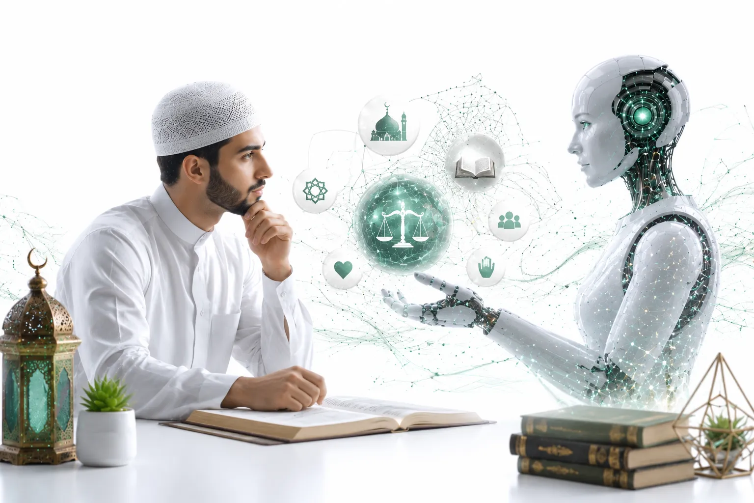 Muslim person at laptop with ChatGPT open, Quran nearby, mosque silhouette in background