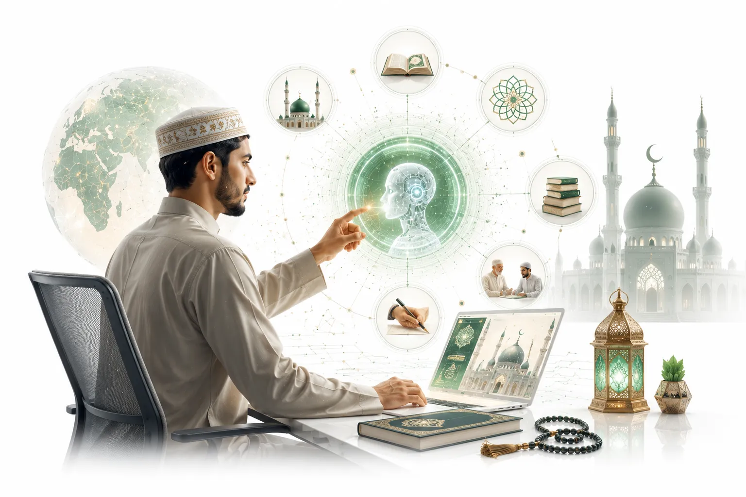 Smartphone showing Islamic AI apps—Quran recitation, prayer times, halal scanner, Islamic finance—with mosque background