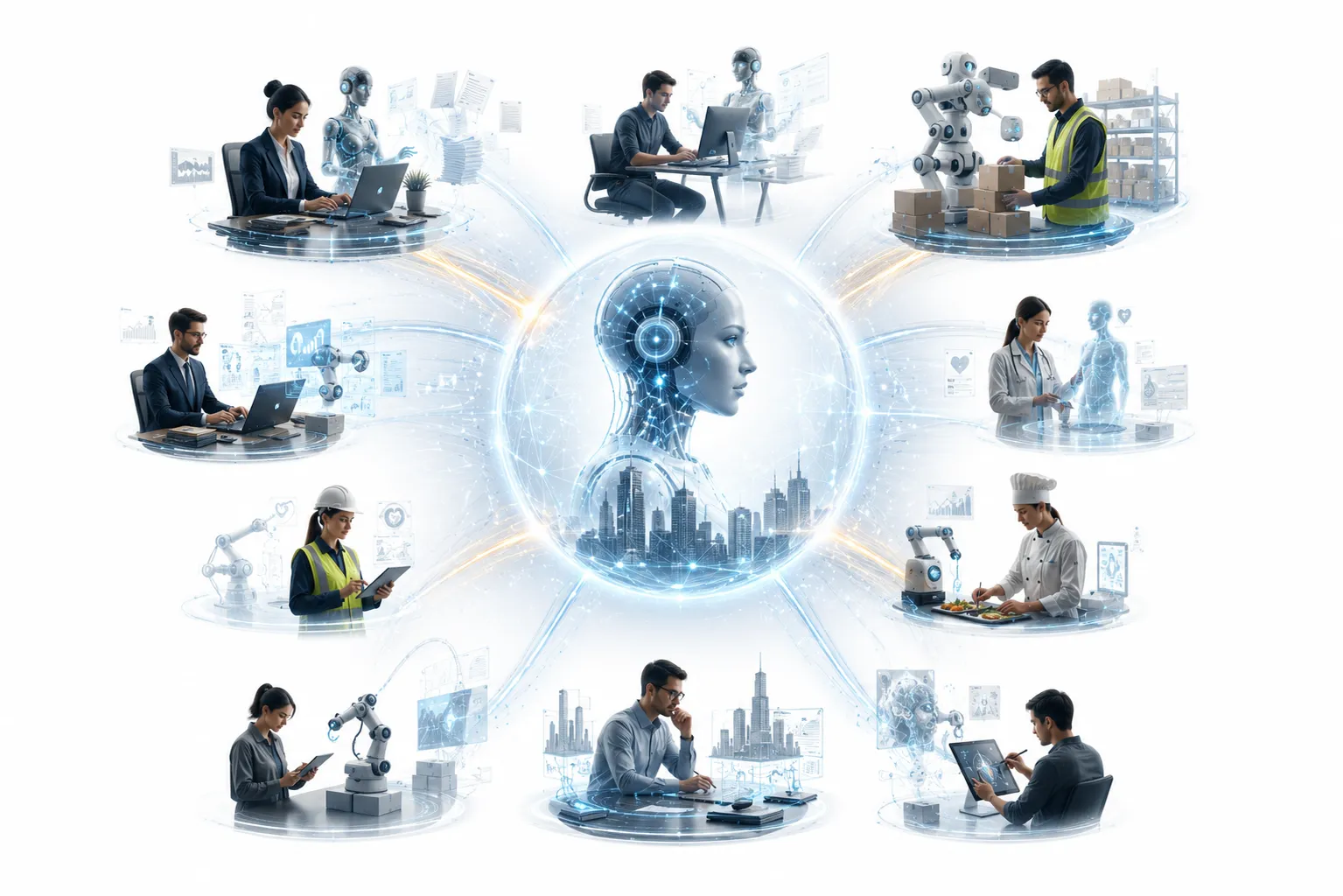 Office worker looking at computer with transparent overlay showing AI robots replacing human figures at desks
