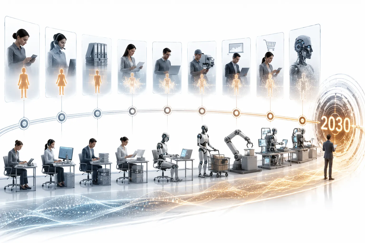 Empty office cubicles with ghost-like silhouettes of disappearing workers, AI robot shadows