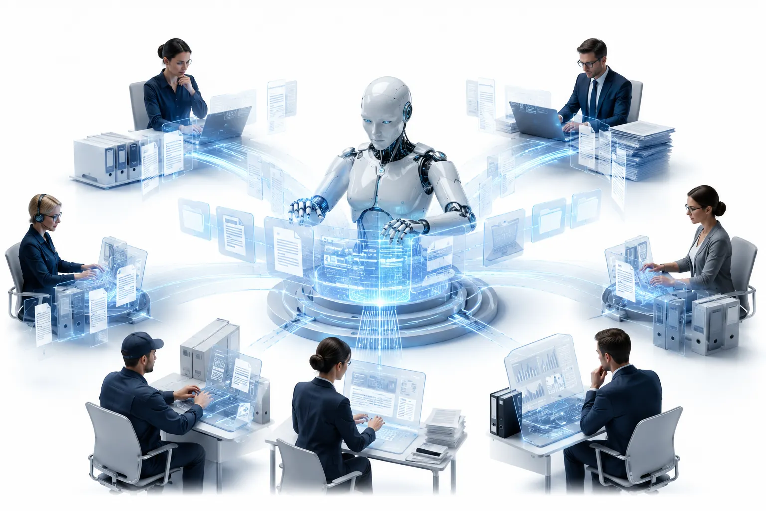 Empty office cubicles with AI robot arm removing a 'Human Worker Needed' sign, ghostly faded figures of telemarketers and data entry workers