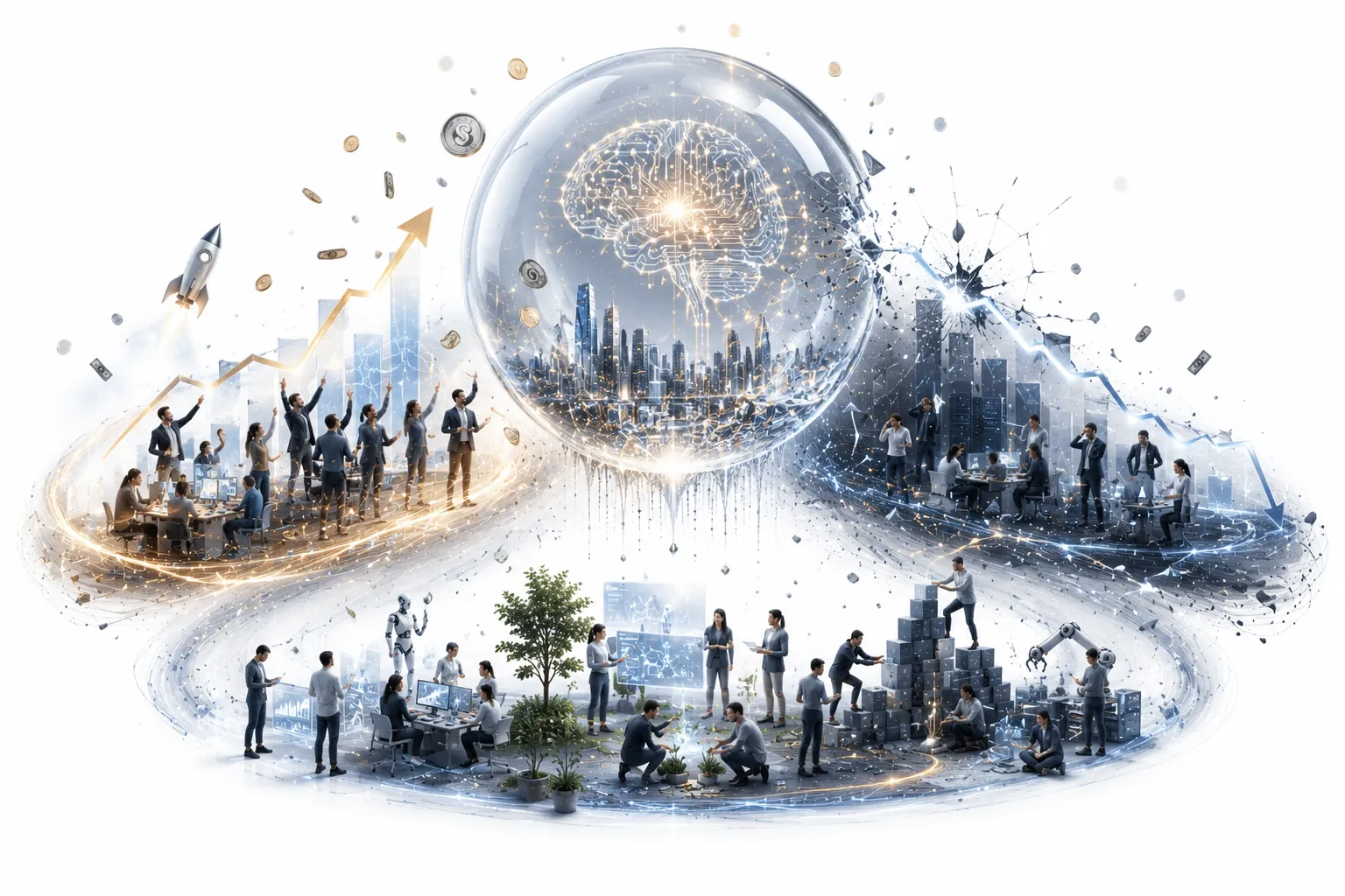 Stock market crash graph with AI logos falling like dominoes, explosion graphic at the bottom