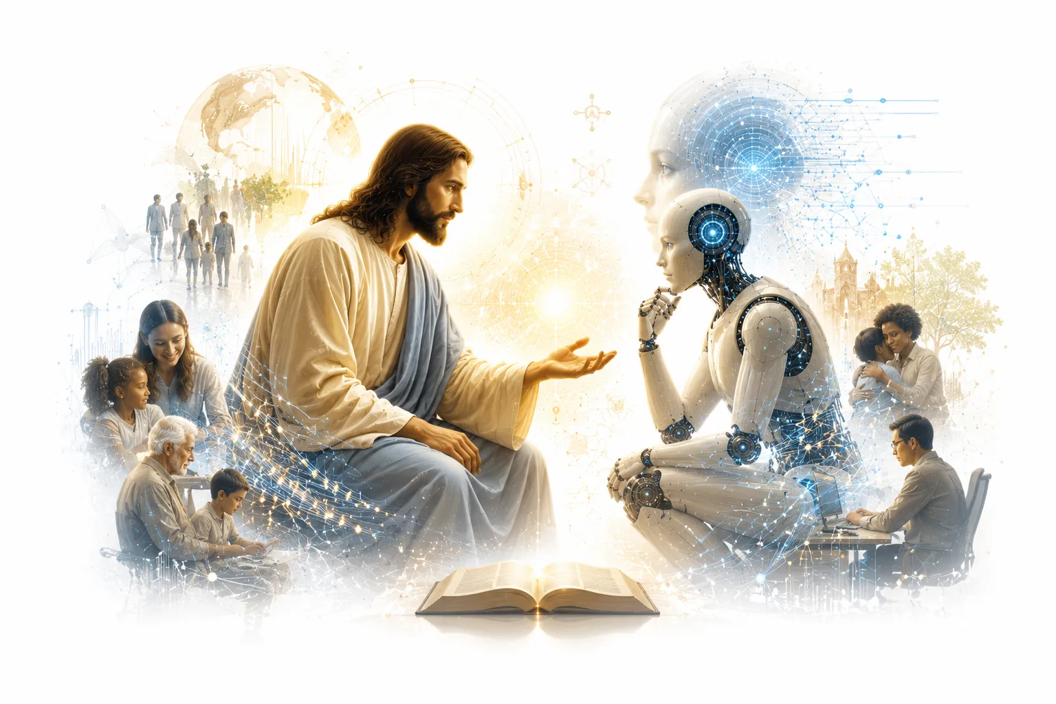 Jesus figure standing on hillside pointing toward horizon where futuristic city meets ancient landscape, warm light