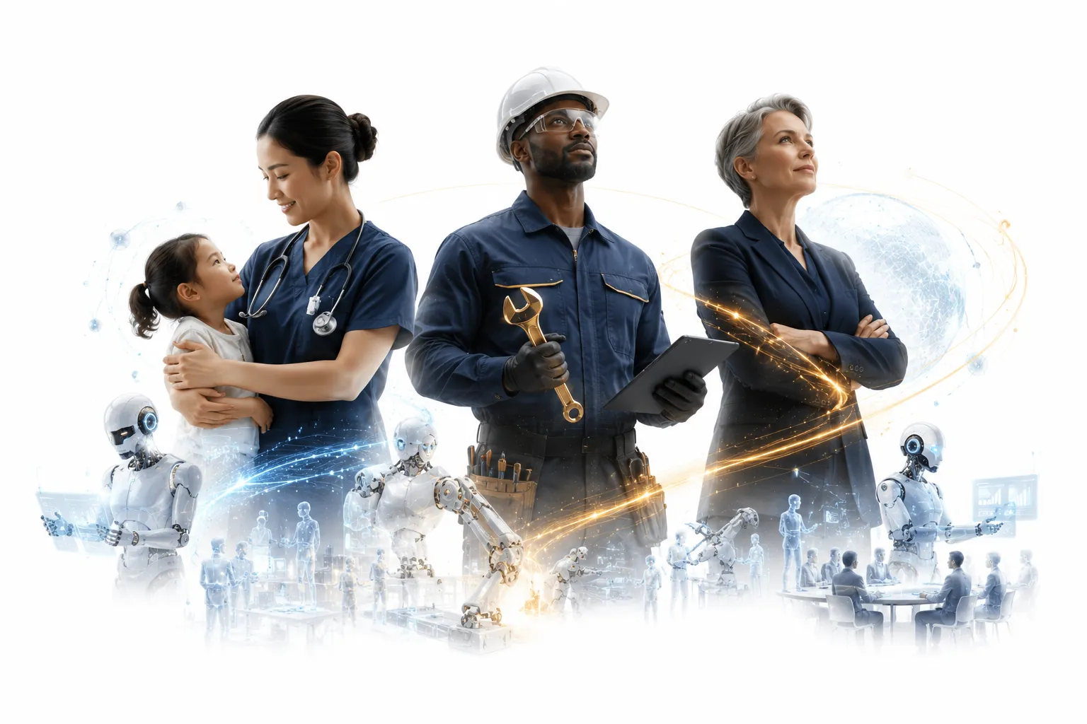 Three professionals: a therapist listening intently, an electrician repairing a panel, and a nurse holding an elderly patient's hand
