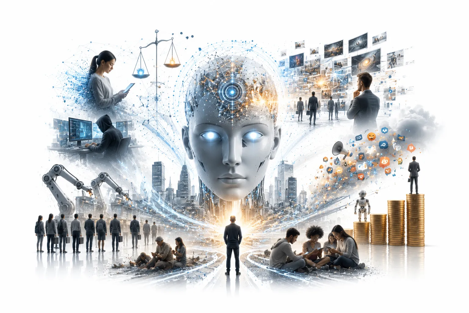 Cracked society split into fragments—deepfake news, AI bias scale, surveillance camera, job loss sign—AI symbol looming above