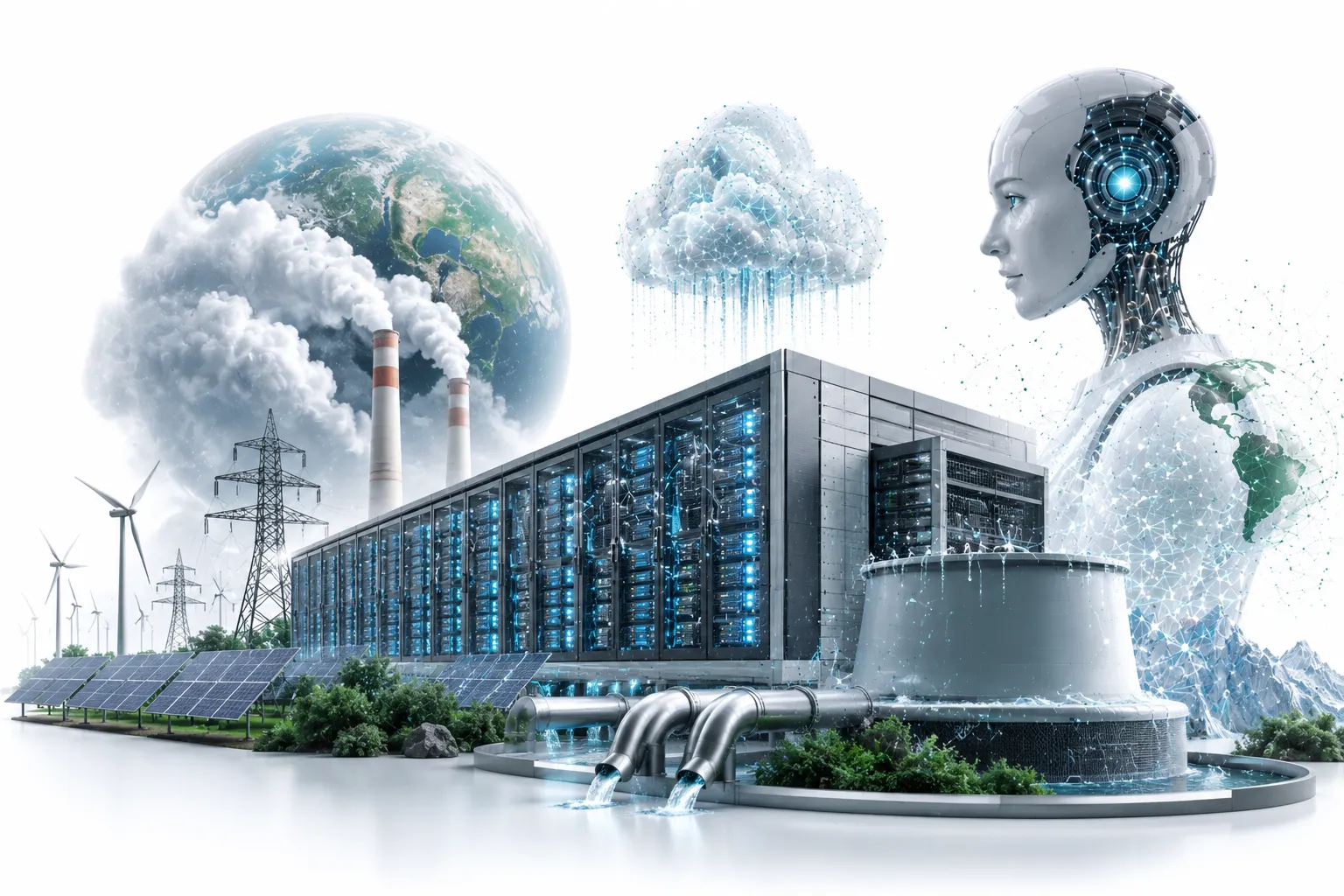 Server farm with steam/water vapor rising, smoke stacks in background, AI symbol overlaid, dramatic lighting