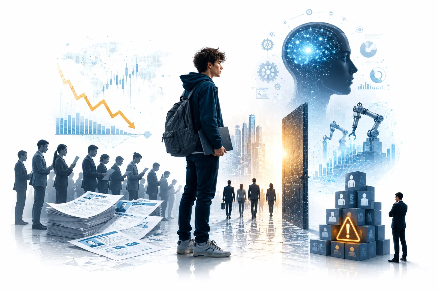 Frustrated young professional looking at laptop with AI robot shadow looming behind, empty office desks in background
