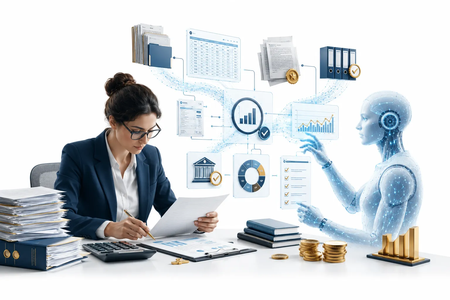 Accountant at desk with AI financial dashboard, human providing strategic advice