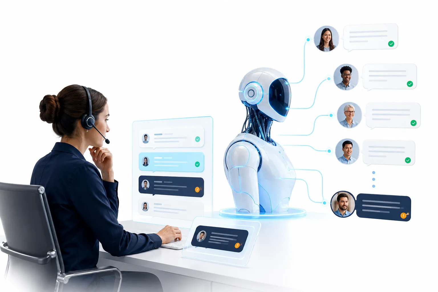Customer service agent at desk with AI chatbot interface, handling complex escalated issue