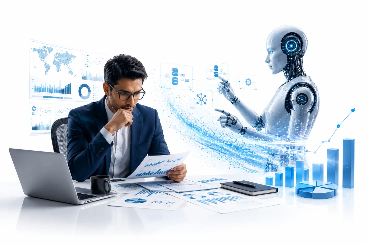 Data professional at computer with AI assistant doing data cleaning and visualization, collaborative scene