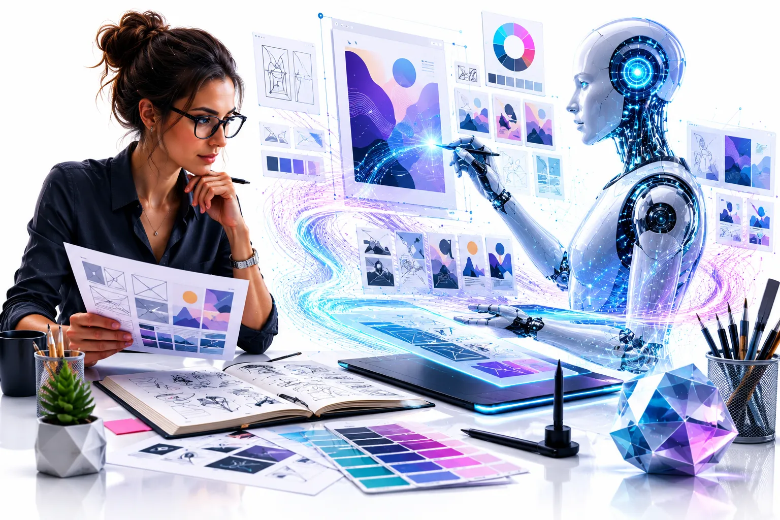 Designer at drawing board with AI generated options on screen, human making final choice