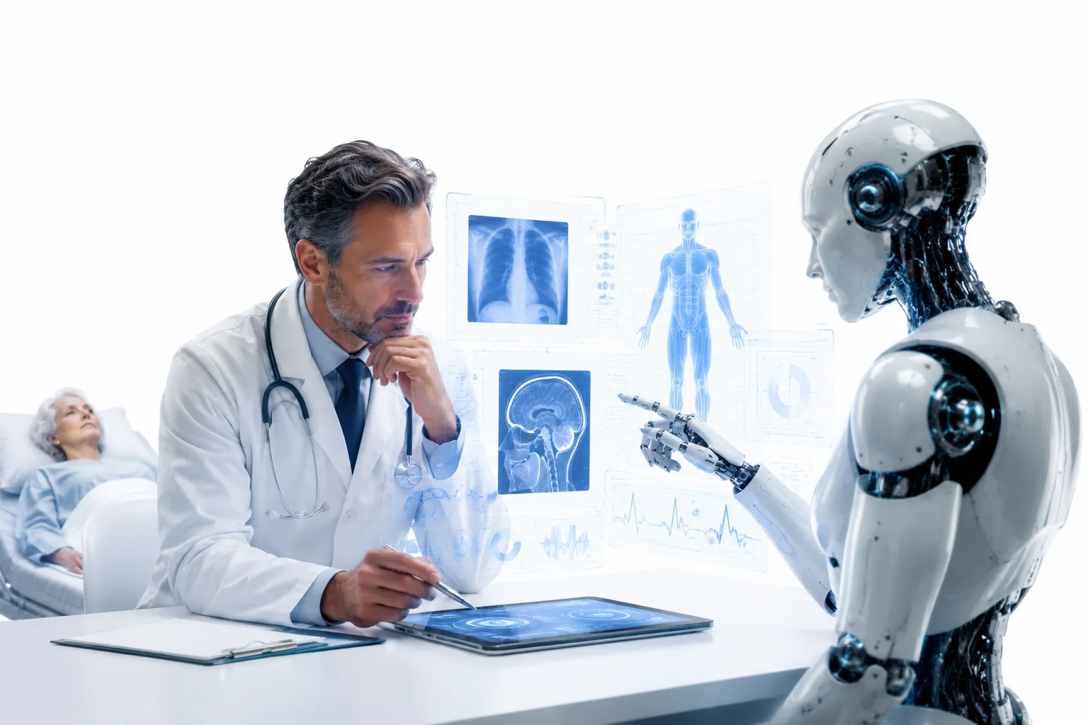 Doctor with stethoscope looking at AI diagnostic screen, patient in background, collaborative scene