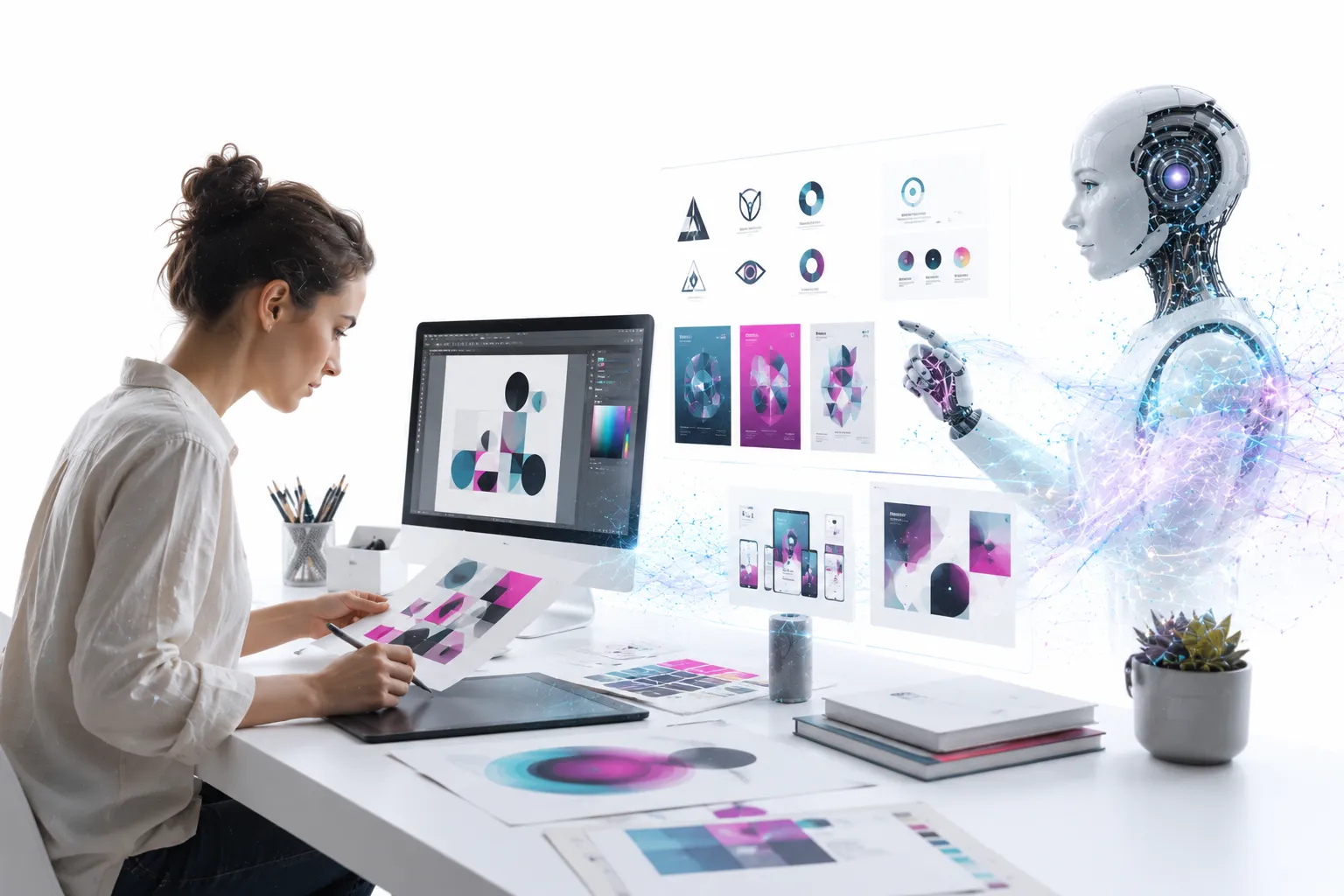 Graphic designer at workstation with AI generated options on screen, human making final choice