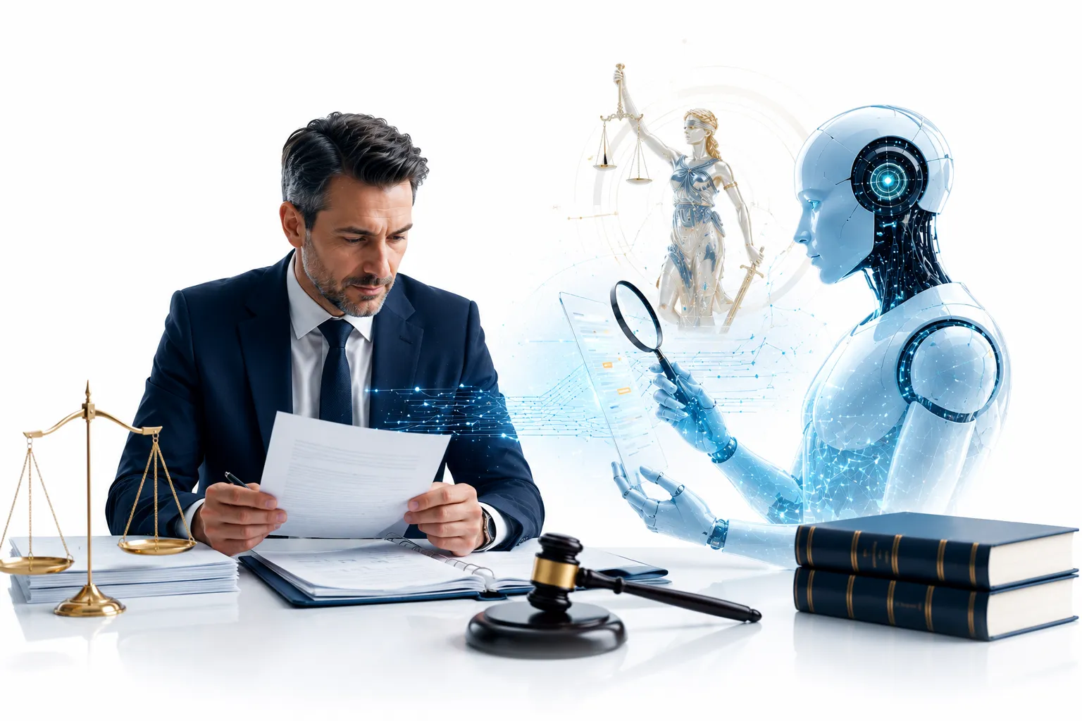 Lawyer at desk with law books, AI assistant on laptop, gavel in foreground, scales of justice