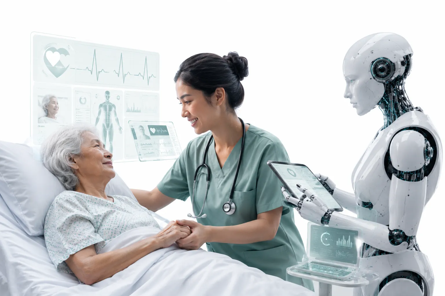 Nurse holding elderly patient's hand, AI monitor in background, human connection foreground