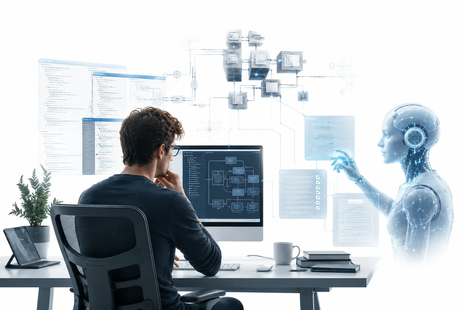 Software engineer at whiteboard designing system architecture, AI copilot on laptop in background, human in control