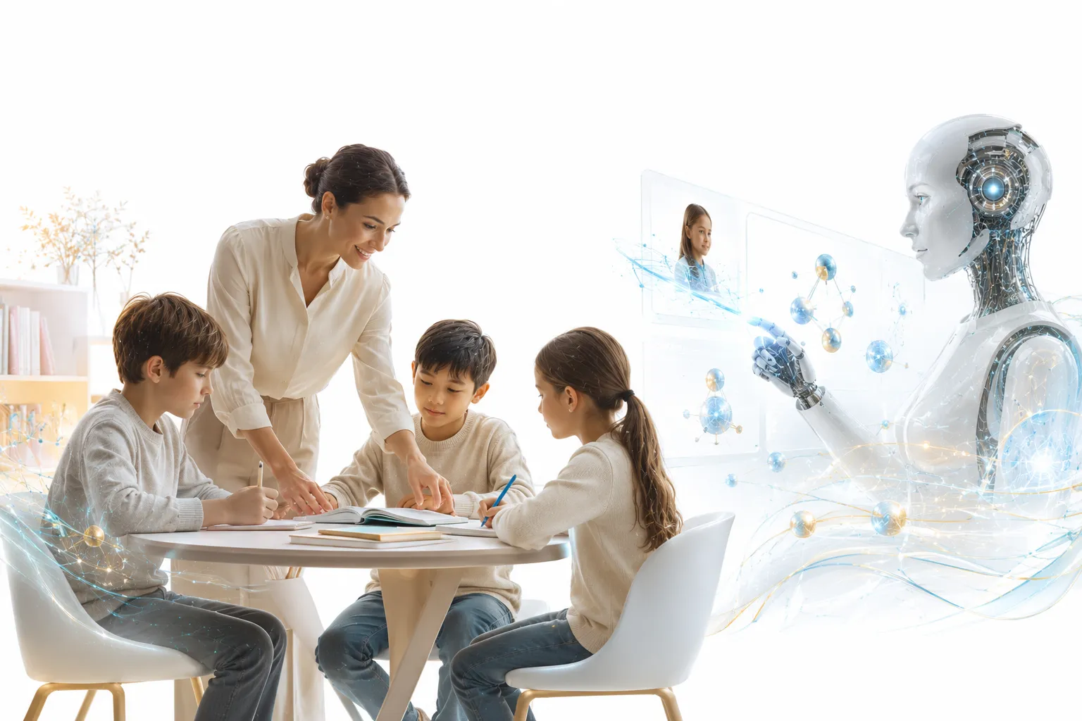 Teacher helping student at desk, AI assistant on screen in background, human connection foreground