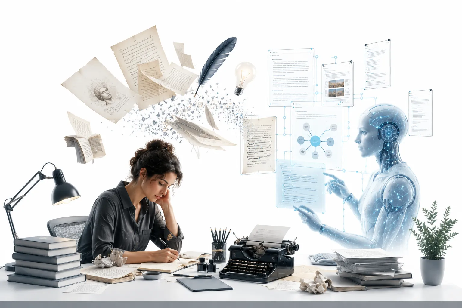 Writer at laptop with AI writing assistant, notebook and pen beside, creative vs automated
